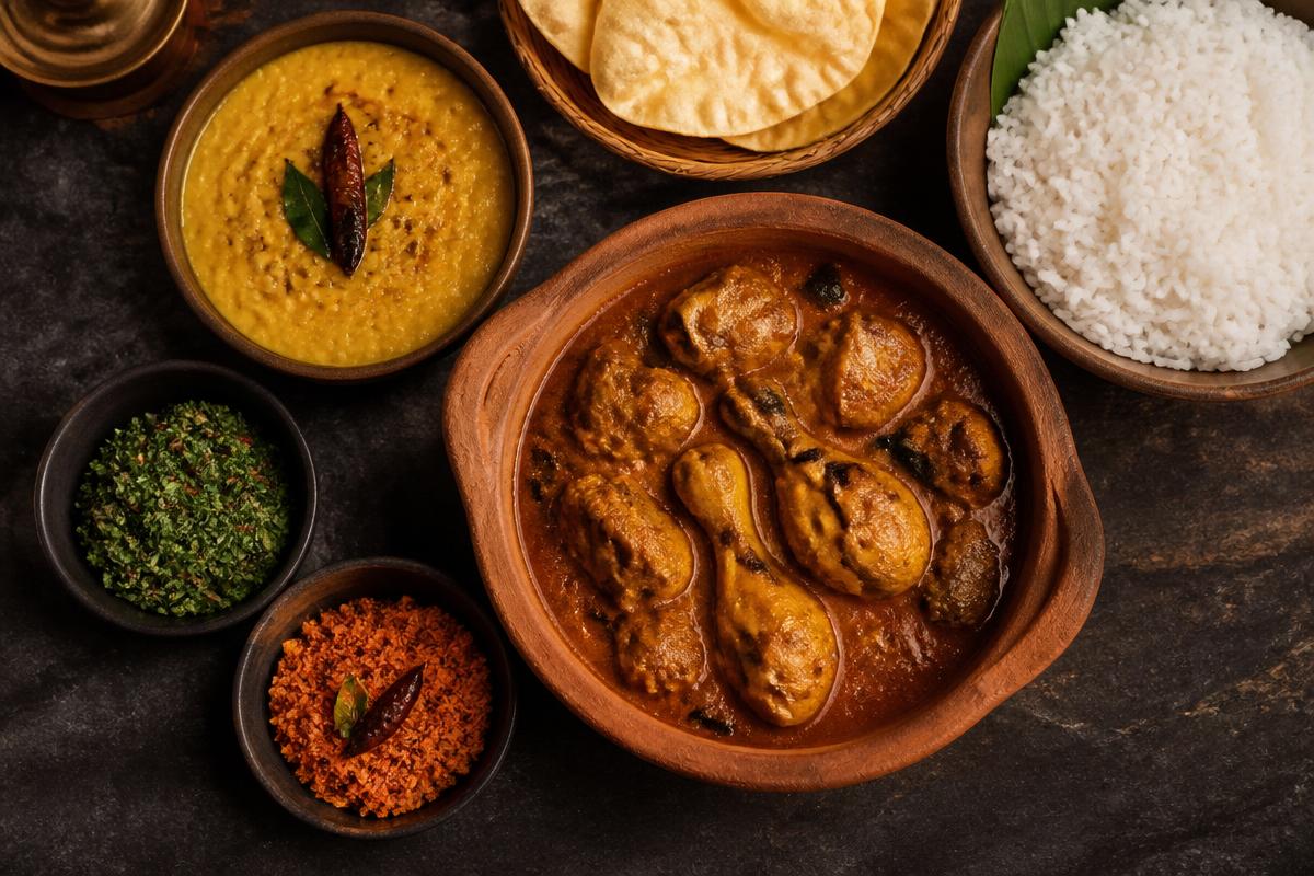 Ceylon curry served with rice, dhal and poppadoms